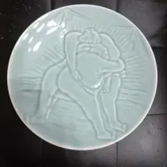 相撲デザイン 陶器皿 淡い青色の大皿