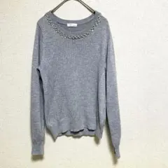 ❤️ニットセーター❤️ グレー レディース Mサイズ ビーズ装飾 長袖ニット