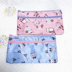 ねこ柄のポーチ　2点セットおまけ付き　ピンク　水色　ネコ　猫　通帳ポーチ