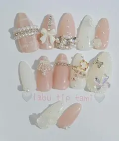 現品ネイルチップ　ピンクホワイト　ネイル　パール　韓国ネイル　量産型　推しネイル