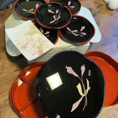 ✨️新品未使用✨️漆器 2段 重箱 取り皿 5枚 セット 黒地 花柄 福梅 桂由美