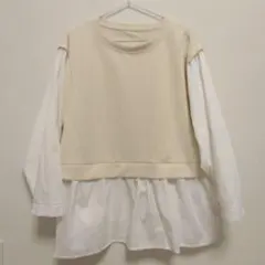 ベージュ レイヤード 長袖 トップス LL