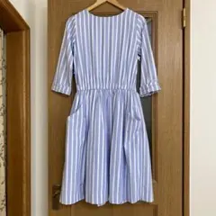 Anna Nicola青と白のストライプ 七分袖ワンピースのサムネイル