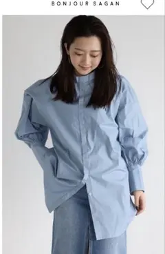 Bonjour Sagan ネックデザインブロードシャツ ブルー