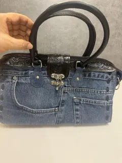 ①リメイク 黒カービング ショルダーバッグ デニムバッグ ハンドメイド トート