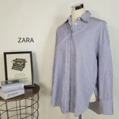 美品ZARA美シルエット比翼ボタンストライプ柄オーバーサイズシャツ海外XS紺白