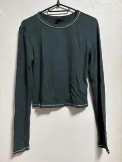 ダークグリーン リブ編み 長袖 トップス