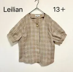 Leilian 半袖ブラウス13+ 格子柄 ベージュブラウン ノーカラー金ボタン