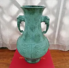 高級高岡銅器鋳銅 花瓶 松盛作 片耳付 饕餮文 青銅色 共箱付花器平日