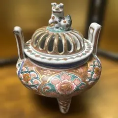 九谷焼　香炉　獅子摘　三足香炉 角福 時代物　床飾
