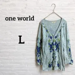 海外古着‼︎one world 【L】水色、青花柄Vネックカーディガン