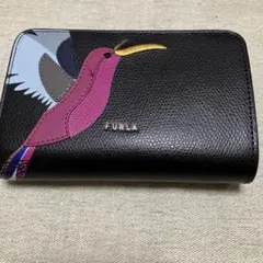フルラ 鳥 L字ファスナー レザー 二つ折り財布 ブラック（少し難アリ）