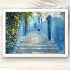 A4 青い街の階段と花咲く路地にたたずむ猫 アート インテリアアート 水彩画