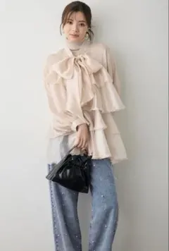 【ラスト1】フロントBIGリボン ティアードチュニック ピンク Frene系