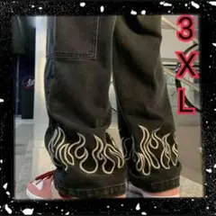 メンズ　デニム　ストリート　韓国　ファイヤー柄　3XL　炎　ブラック　ジーンズ