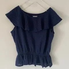 flower フリル付きノースリーブトップス ネイビー