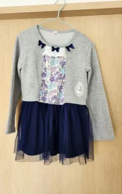 長袖カットソー 花柄切り替え グレー ネイビー(130㎝)