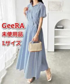 ジーラ 未使用品 上品スキッパーシャツワンピース ブルー L ストライプ