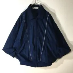 【個性派古着】日本製　デザインブルゾン　薄手　紺色　パイピング　透け感　L