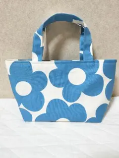 大きな花柄 ミニトートバッグ 水色 ハンドメイド ランチバッグ