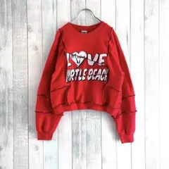 古着　ロゴプリント　スゥェット　赤　リメイク　パッチワーク　短丈