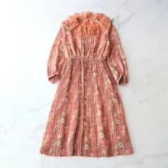 b 昭和レトロ ワンピース 花柄 オレンジ レースカラー プリーツ 日本製 11