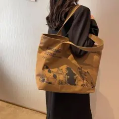 トートバッグ ネコ柄 キャンバス 猫柄 裏地あり 帆布 かた掛け ブラウン