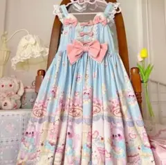 M ロリータワンピース JSK ジャンパースカート 水色 イラスト柄 リボン 猫