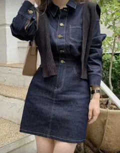ダークデニム ボタン付き ミニスカートワンピース