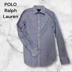 【極美品】ポロラルフローレン　ブルーストライプコットンシャツ　袖ロゴ刺繍