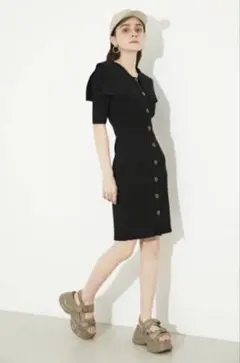 rienda バックボタンBigカラータイト2way Knit OP BLK
