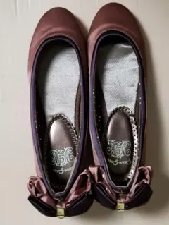 [新品]サテンリボン付きブラウンパープルバレエシューズ 23cm