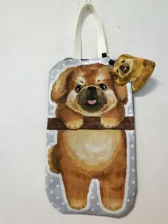 ハンドメイド　ぶら下がりペキニーズちゃんバッグ つれてってねぬいぐるみチャーム付