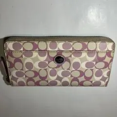 COACH コーチ 長財布 ラウンドファスナー シグネチャー ピンク×ベージュ