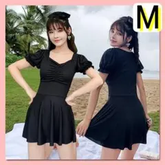 ♥在庫限り♥水着　半袖　ブラック　ワンピース　M　フレア　シンプル　ガーリー　黒