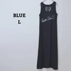 ブルー　ワンピース　ノースリーブ　ロング　カジュアル　英字　ストレッチ　L