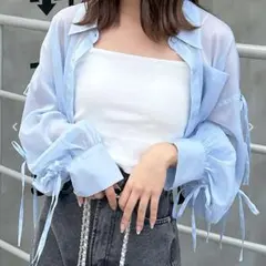 水色 袖リボン ラメ シアーショートシャツ