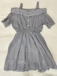 ギンガムチェック　オフショルダーワンピース　ブルー