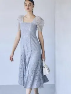 Leja スパンコール花柄刺繍ソフトパフスリーブマーメイドラインドレス