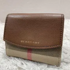 美品 バーバリー 折財布 ノバチェック キャンバス レザー本革 茶色 金ロゴ