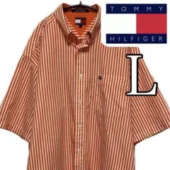 90's TOMMY HILFIGER 半袖 ストライプシャツ オレンジ 刺繍