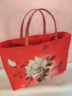 帯　トートバック　塩瀬帯　帯リメイク　花　着物　帯締め　染め模様　和柄　薔薇模様