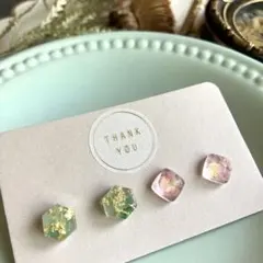 ピアス　ピンク　緑　天然石2点セット