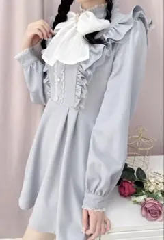美品 ROJITAシアービッグリボンワンピース サックス フリル 長袖 ビジュー