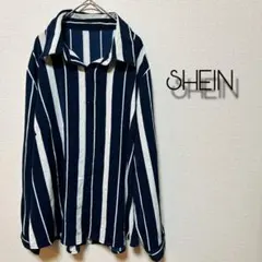SHEIN【1XL】ストライプ ネイビー ホワイト 長袖シャツ