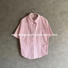 昭和レトロストライプ柄半袖シャツメンズピンクヴィンテージシャツレイヤード夏服