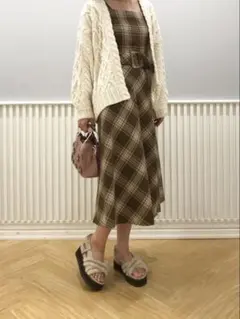 ウィルセレクション　ラメチェックフレアワンピース　ベージュ