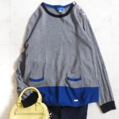 ブルーレーベルクレストブリッジ 薄手ニット グレー×青×黒 金ボタン カシミヤ