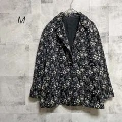 テーラードジャケット【M相当】モノトーン 花柄 総柄 レトロ エレガンス 布地