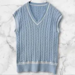 シーイン ケーブル編 チルデン Vネック ノースリーブ ベスト L 水色 通学